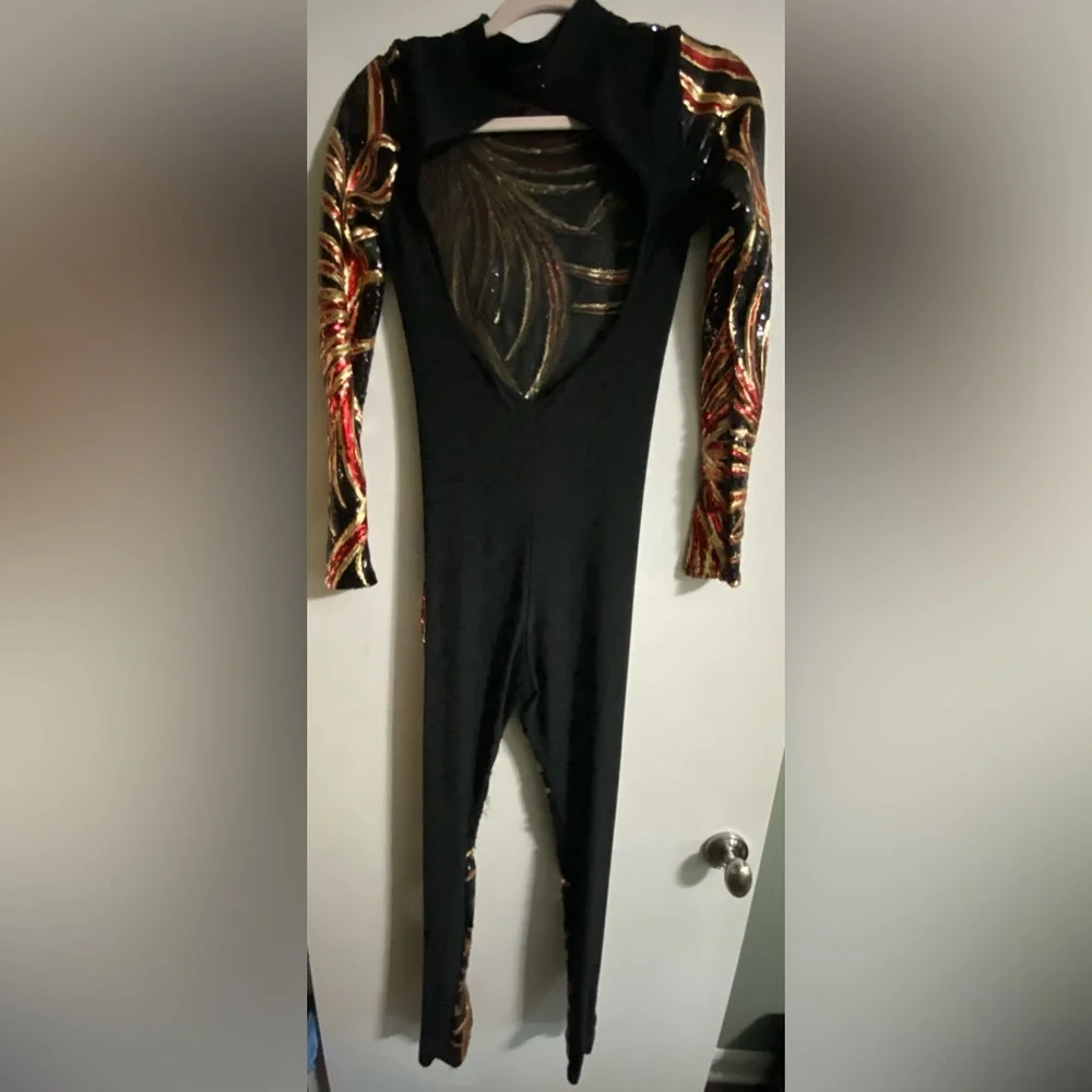 Sequence Open Back Black Red and Gold Long Sleeve Pant Bodysuit Womens Sz Small - Picture 2 of 8